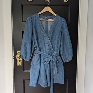NWT GAP denim chambray puff sleeve V-neck romper